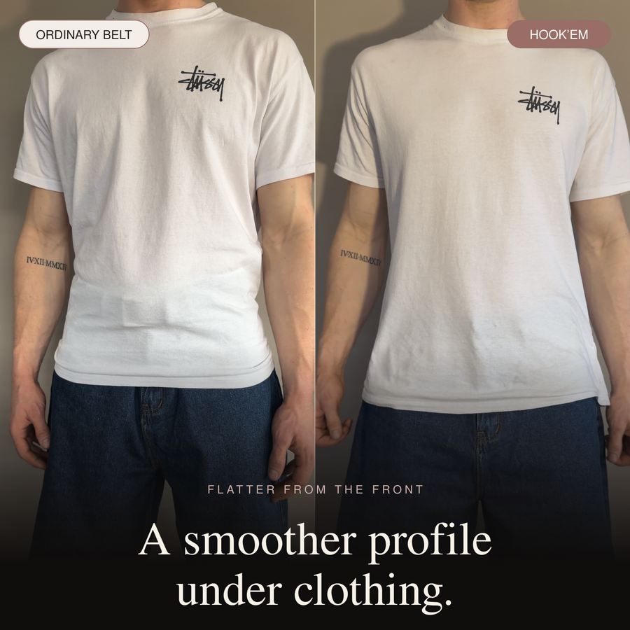 Comparison of an ordinary belt and buckleless belt straps under clothing